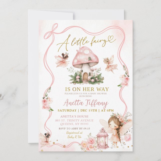 Invitación a Baby Shower de hadas rosadas (Anverso)