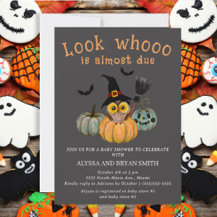 Invitación a baby shower de Halloween: búho mira q