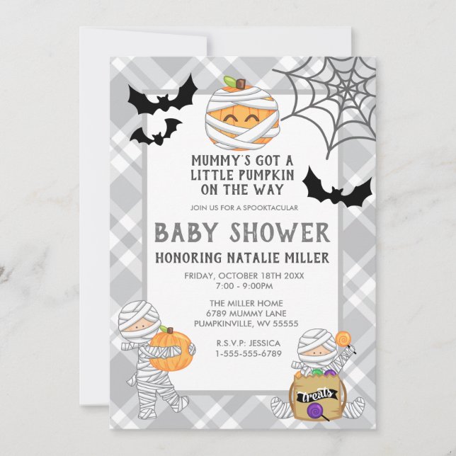 Invitación a Baby Shower de Halloween Mummy (Anverso)