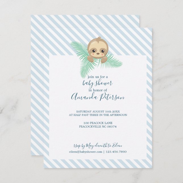 Invitación a Baby Shower de Happy Baby Sloth (Anverso / Reverso)