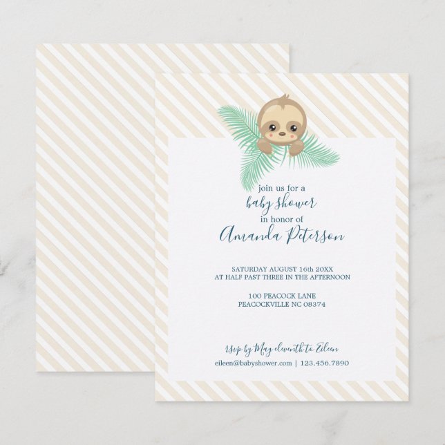 Invitación a Baby Shower de Happy Baby Sloth (Anverso / Reverso)