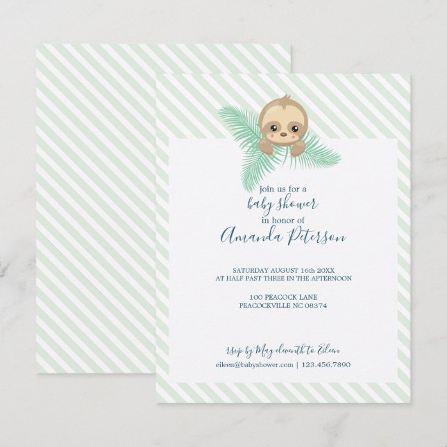 Invitación a Baby Shower de Happy Baby Sloth (Anverso / Reverso)