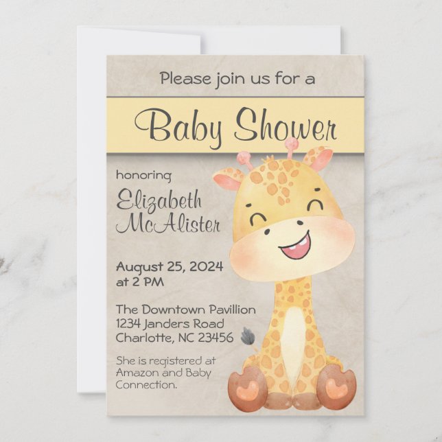 Invitación a Baby Shower de Happy Little Giraffe (Anverso)
