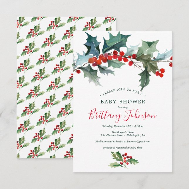Invitación a Baby Shower de Holiday Holly (Anverso / Reverso)