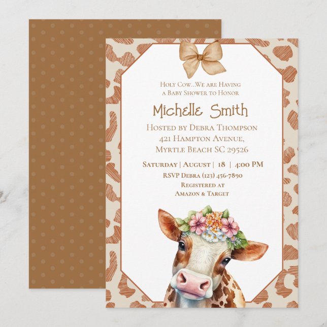 Invitación a Baby Shower de Holy Cow Floral Brown (Anverso / Reverso)