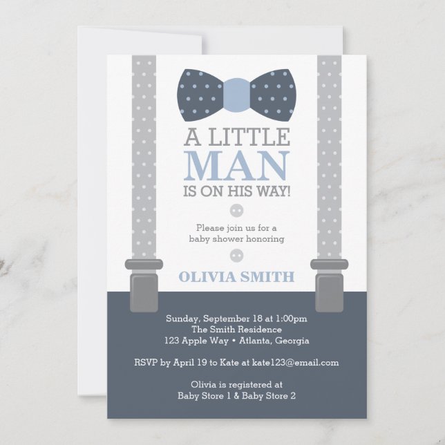 Invitación a Baby Shower de hombrecito, azul marin (Anverso)