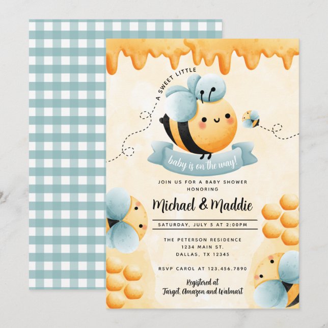 Invitación a Baby Shower de Honey Bee (Anverso / Reverso)