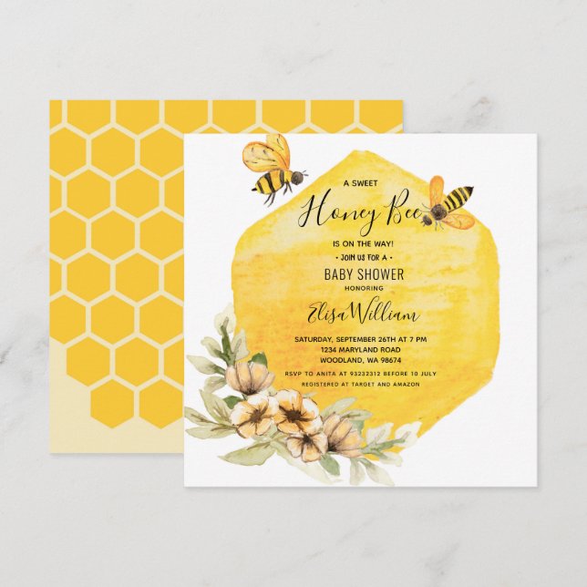 Invitación a Baby Shower de Honey Bee (Anverso / Reverso)