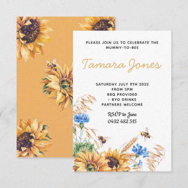Invitación a Baby Shower de Honey Sunflower Bee (Anverso / Reverso)