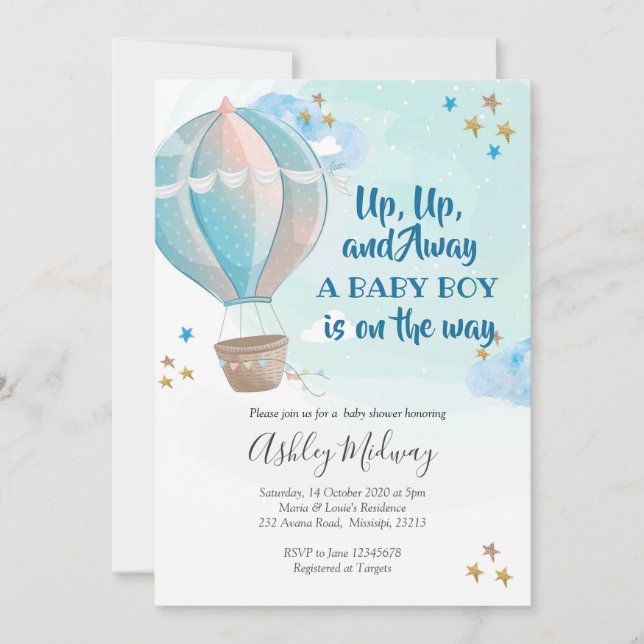 Invitación a Baby Shower de Hot Air Balloon Boy (Anverso)