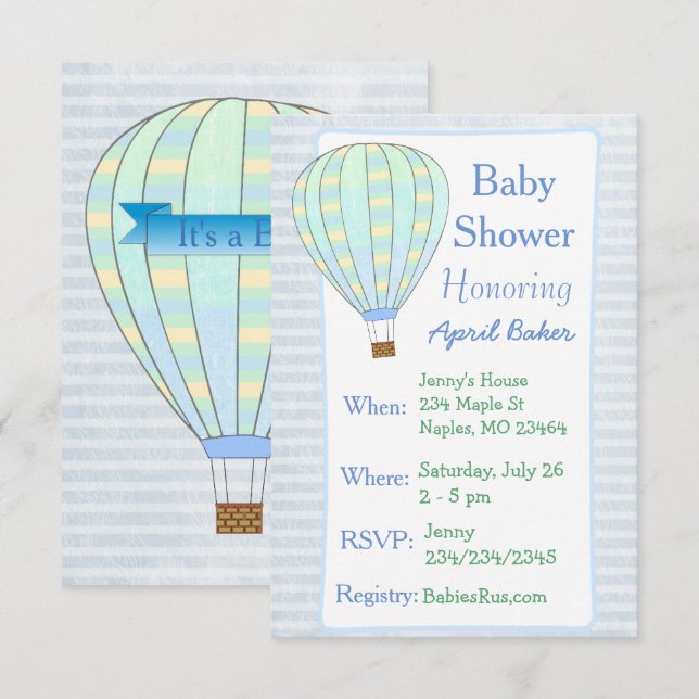 Invitación a Baby Shower de Hot Air Balloon Boy (Anverso / Reverso)