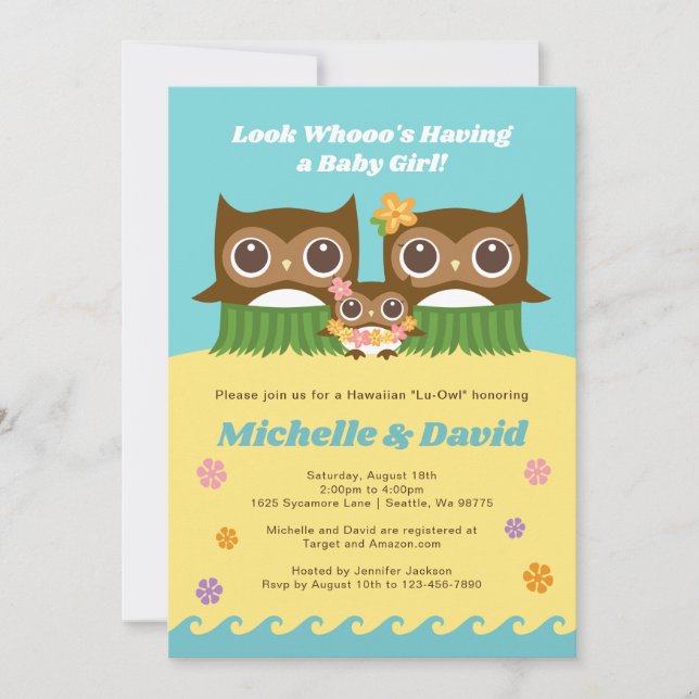 Invitación a Baby Shower de Hula Owl Hawaiian (Anverso)