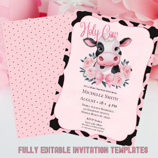 Invitación a Baby Shower de impresión de vaca flor
