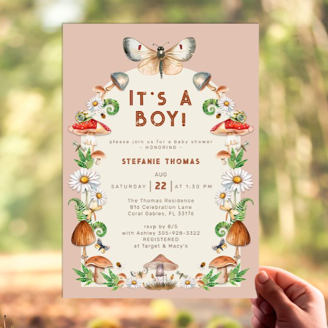 Invitación a Baby Shower de insectos y hongos | Wh (It's A Boy Insects & Mushroom Woodland Baby Shower Invitation)