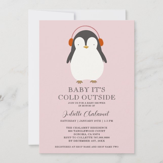 Invitación a Baby Shower de invierno de pingüino l (Anverso)