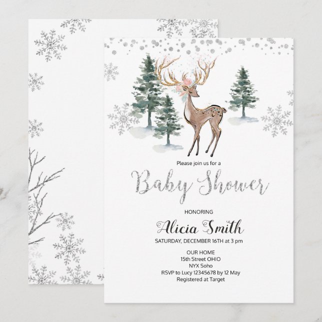 Invitación a Baby Shower de invierno de venado (Anverso / Reverso)