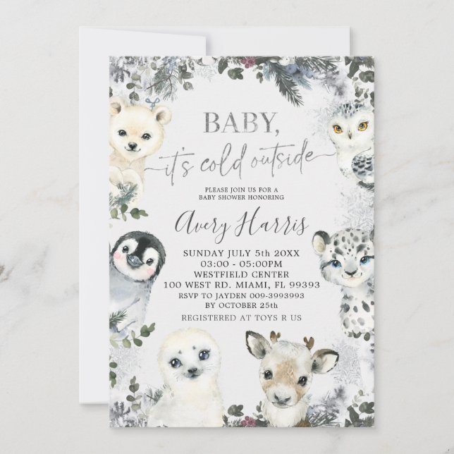 Invitación a Baby Shower de invierno para los anim (Anverso)