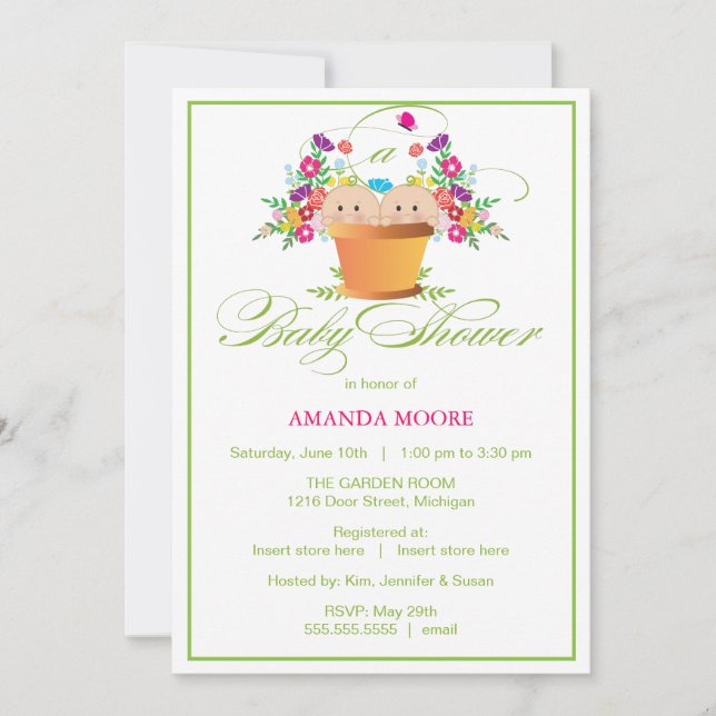Invitación a Baby Shower de jardín| Gemelos (Anverso)