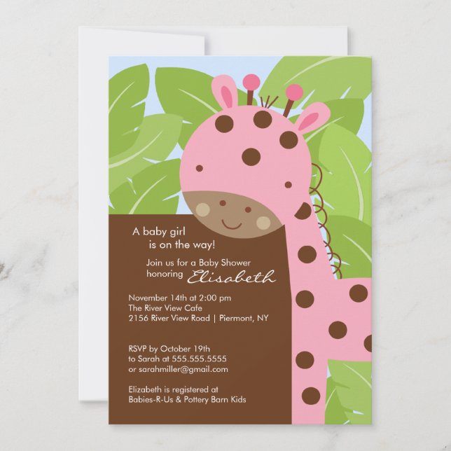 Invitación a Baby Shower de jirafa rosa (Anverso)