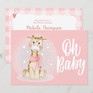 Invitación a Baby Shower de jirafa rosa de coral