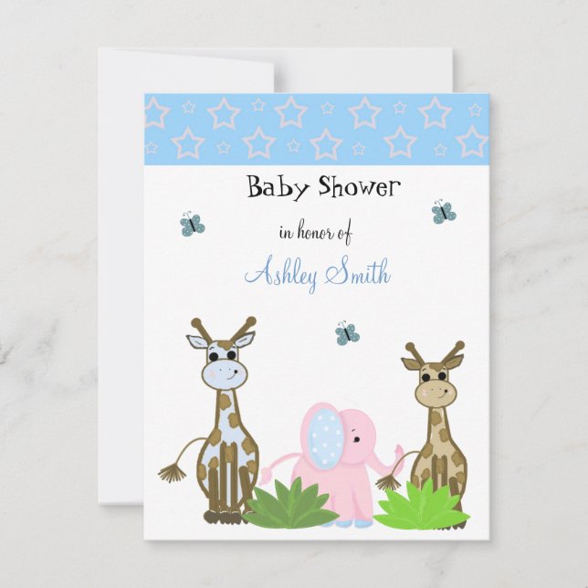 Invitación a Baby Shower de jirafa y elefante (Anverso)