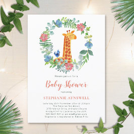 Invitación a Baby Shower de jirafa y floral Wreath