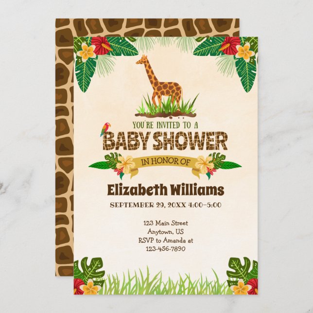 Invitación a Baby Shower de Jungle Giraffe (Anverso / Reverso)