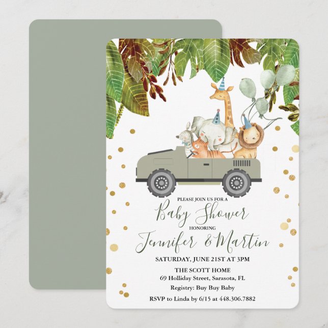 Invitación a Baby Shower de Jungle Safari Boy (Anverso / Reverso)