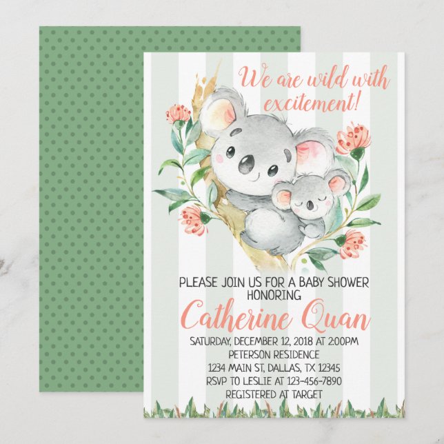 Invitación a Baby Shower de Koala (Anverso / Reverso)