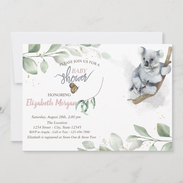 Invitación a baby shower de koala (Anverso)