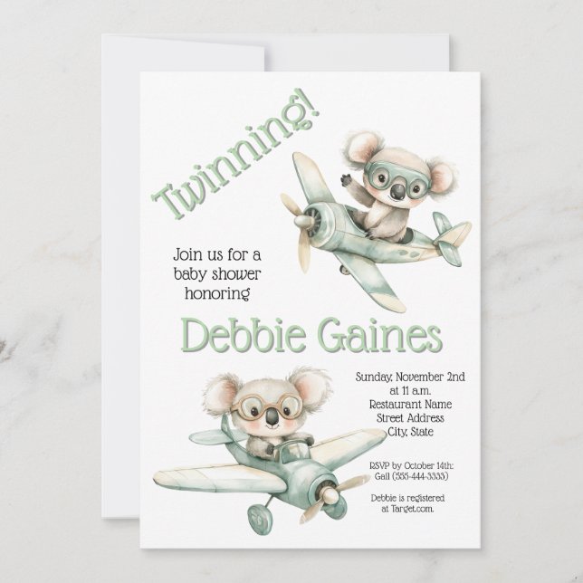 Invitación a Baby Shower de Koala Twin | Género Ne (Anverso)