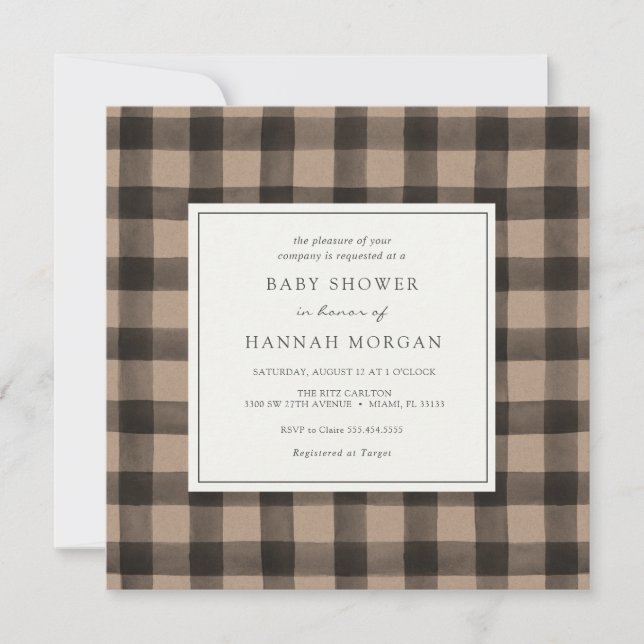 Invitación a Baby Shower de Kraft Buffalo Plaid (Anverso)