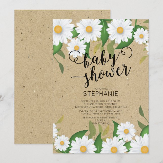 Invitación a Baby Shower de Kraft Daisy Flowers (Anverso / Reverso)