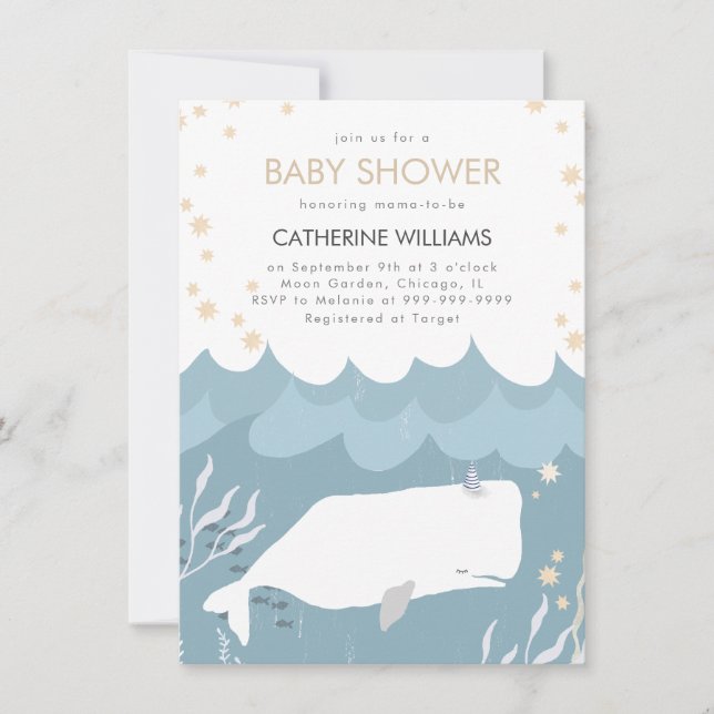 Invitación a Baby Shower de la ballena blanca de b (Anverso)