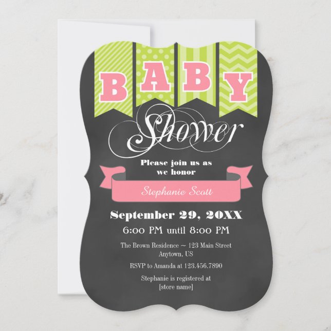 Invitación a Baby Shower de la bandera rosa verde  (Anverso)