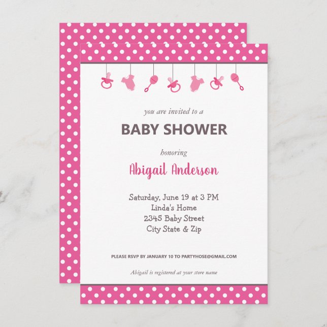 Invitación a Baby Shower de la bebé con Punto de P (Anverso / Reverso)