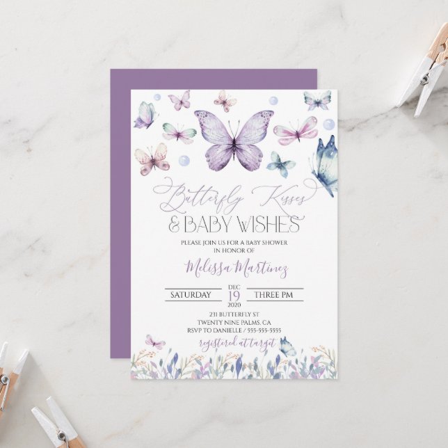 Invitación a Baby Shower de la bebé mariposa morad (Anverso/Reverso In Situ)