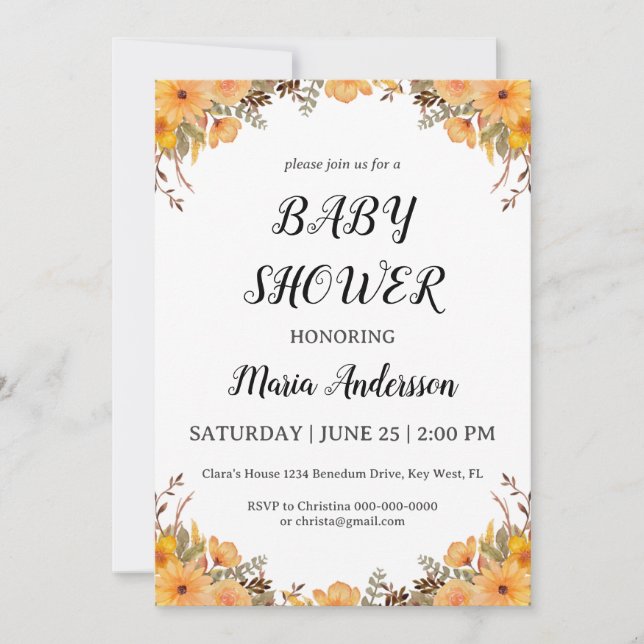 Invitación a Baby Shower de la bebé niña de flores (Anverso)