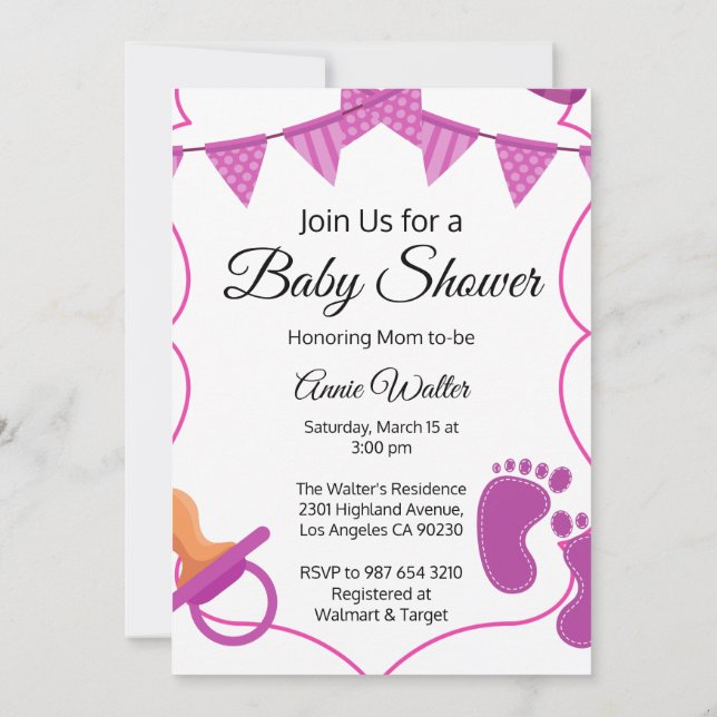 Invitación a Baby Shower de la bebé rosa (Reverso)