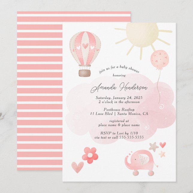 Invitación a Baby Shower de la bebé rosa (Anverso / Reverso)