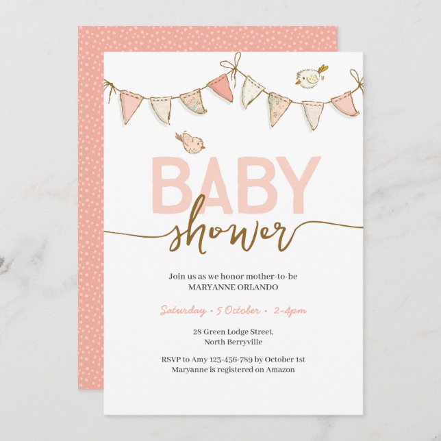 Invitación a Baby Shower de la Bunting de bebé ros (Anverso / Reverso)