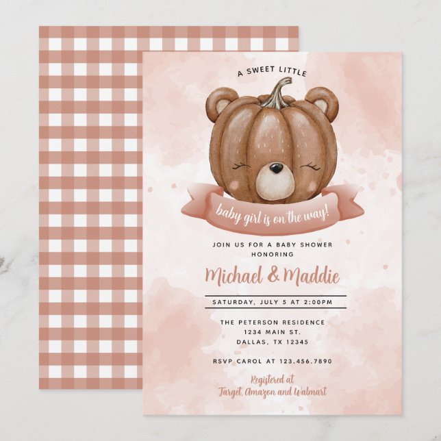 Invitación a Baby Shower de la Calabaza de Oso Chi (Anverso / Reverso)