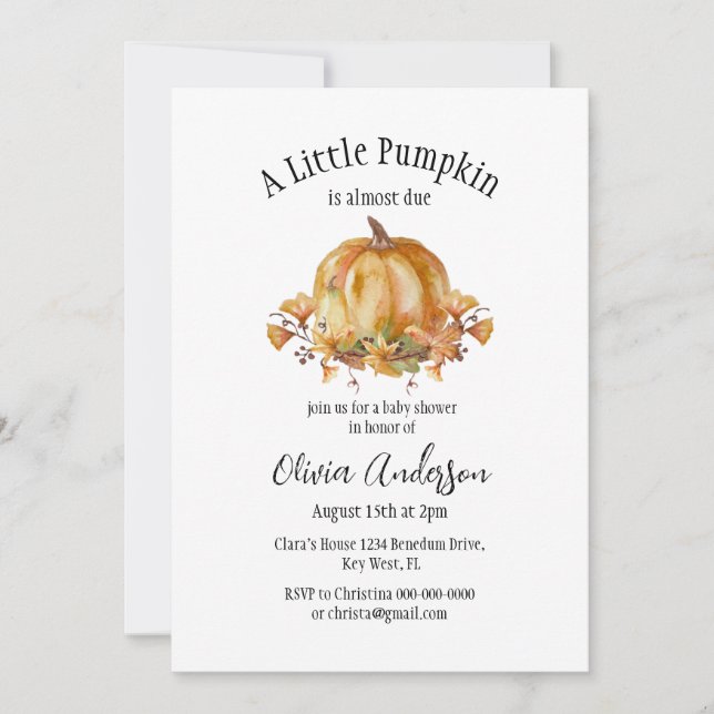 Invitación a Baby Shower de la calabaza pequeña de (Anverso)