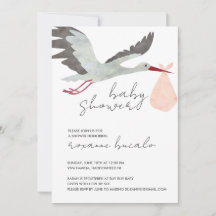 Invitación a Baby Shower de la cigüeña rosa