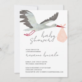 Invitación a Baby Shower de la cigüeña rosa