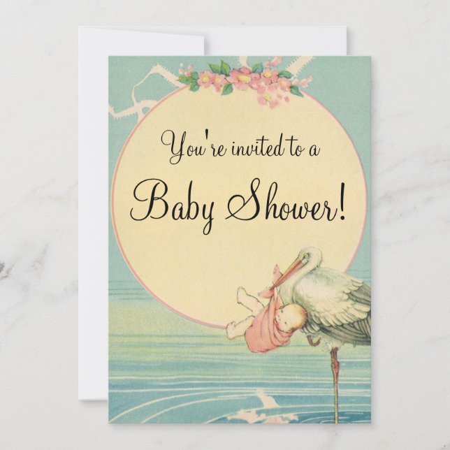 Invitación a Baby Shower de la cigüeña vintage (Anverso)