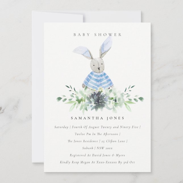 Invitación a Baby Shower de la Comida Azul Bunny G (Anverso)