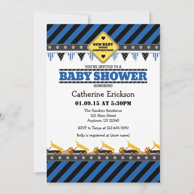 Invitación a Baby Shower de la construcción azul (Anverso)