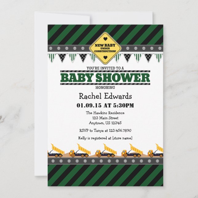 Invitación a Baby Shower de la construcción verde  (Anverso)