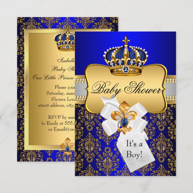 Invitación a Baby Shower de la Corona Azul de Oro  (Anverso / Reverso)